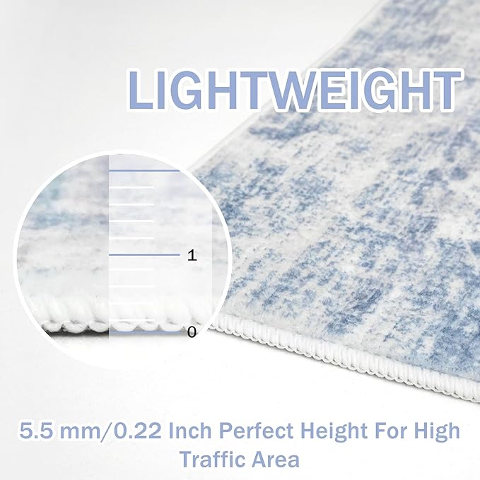 IOHOUZE Abstract Area Rugs 5x7 Ft Washable Rugs for Living Room, Non Slip Dining Room Rug, Printed Faux Wool Rugs for Bedroom, Floor Carpet for Office Nursery Playroom, Light Blue Grey