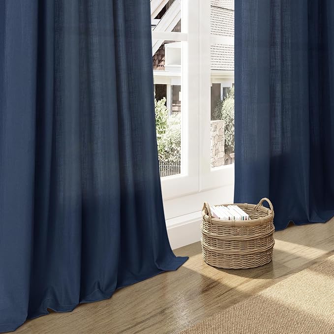 Denim Blue Linen Curtains for Living Room 63 Inches Long 2 Panel Set Light Filtering Linen Drapes for Kitchen Windows Rod Pocket Back Tab Short See Through Curtain Country Farmhouse Decor 52x63