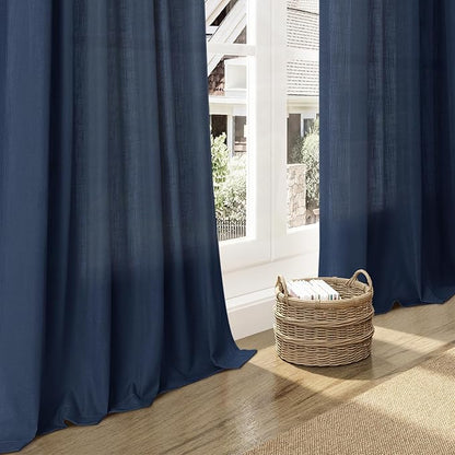 Denim Blue Linen Curtains for Living Room 63 Inches Long 2 Panel Set Light Filtering Linen Drapes for Kitchen Windows Rod Pocket Back Tab Short See Through Curtain Country Farmhouse Decor 52x63