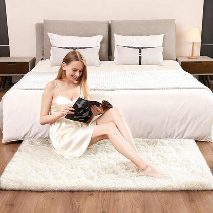 Ophanie 3x5 Rug, Bedside Preppy Dorm Area Rug, College Essentials Non Slip Ivory Small Carpets for Bedroom, Anti Slip Fluffy Living Room Rugs Home Decor Aesthetic, Nursery