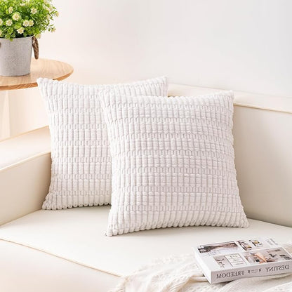 Pack of 2 Corduroy Decorative Throw Pillow Covers 22x22 Inch Soft Striped Pillow Covers Modern Farmhouse Home Decor for Sofa Living Room Couch Bed（White）