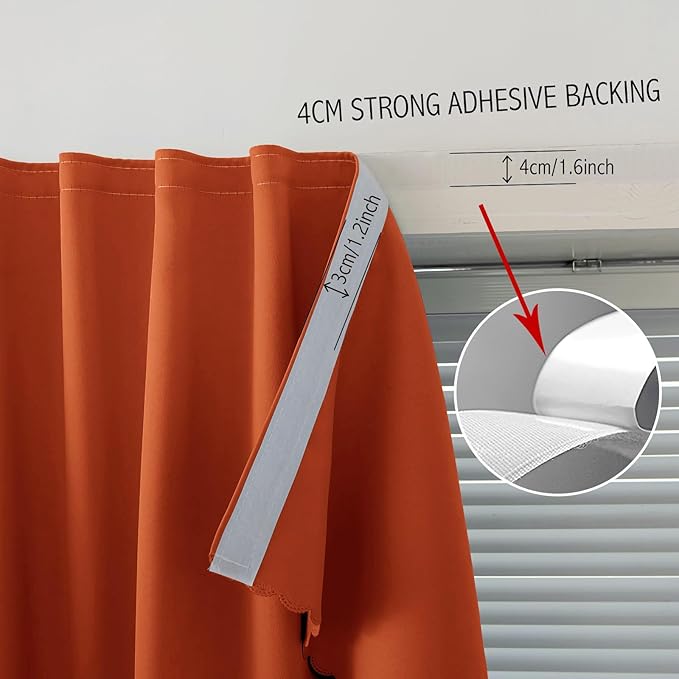 Self Adhesive Curtains Portable Blackout Curtain Simple and Easy to Install Bedroom Window Thermal Lnsulated Kitchen Room Darkening Black Small Drapes, 47" W X 79" L, Orange, 1 Panel