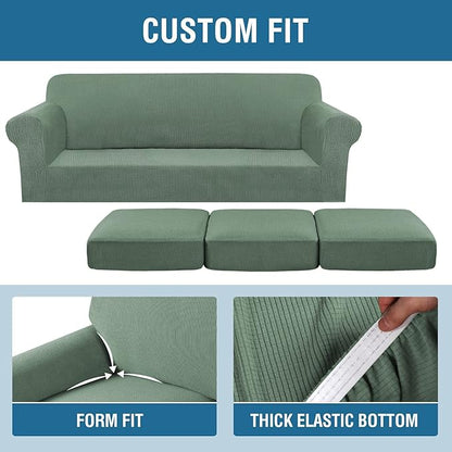 H.VERSAILTEX 4 Piece Stretch Sofa Covers for 3 Cushion Couch Covers for Living Room Furniture Slipcovers (Base Cover Plus 3 Seat Cushion Covers) Upgraded Thicker Jacquard Fabric (Sofa, Loden Frost)
