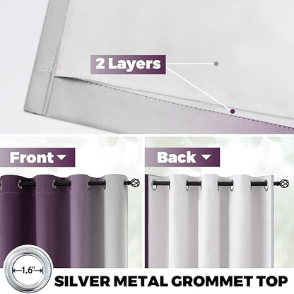 Yakamok 100% Blackout Curtains 63 Inch Length 2 Layers,Purple Curtains for Bedroom Ombre Room Darkening Grommet Gradient Drapes, Light Blocking Thermal Insulated Window Curtains for Living Room