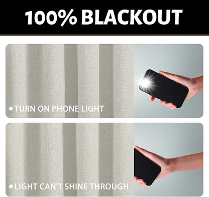 Yakamok Cream Linen Curtains 100% Blackout 84 Inches Long,Room Darkening Textured Drapes for Living Room Thermal Grommet Bedroom Curtains 2 Panels with Greyish White Liner