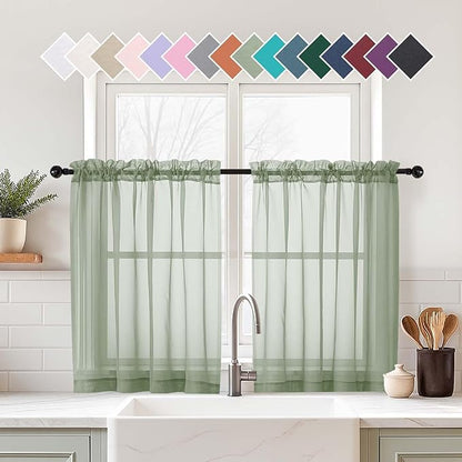 Sage Green Sheer Curtains Tier 30 Inches Length 2 Panels, Light Filtering Lightweight Soft Window Treatments Drapes, Cute Elegant Cafe Curtains for Nursery, Dual Rod Pocket, 2x42Wx30L Inches