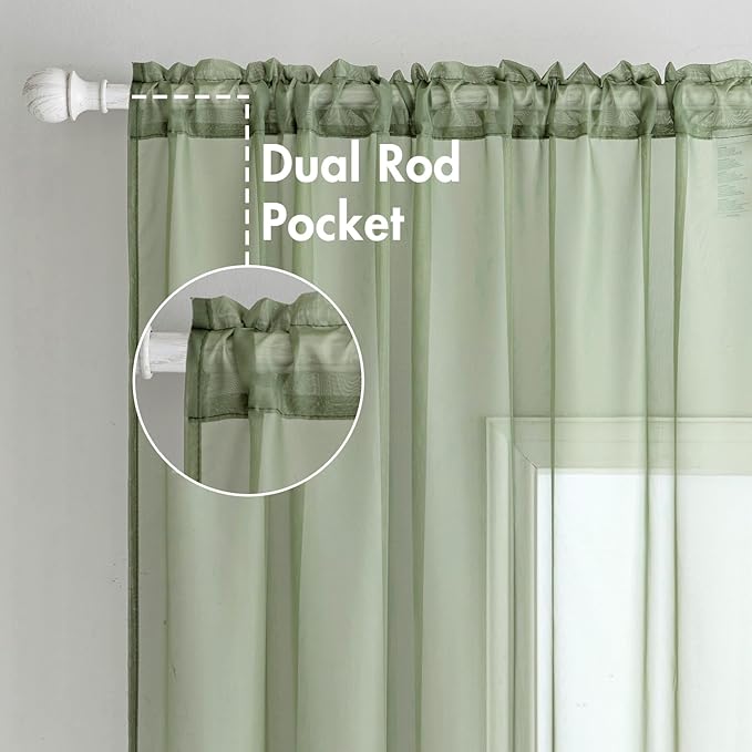 MIULEE 2 Panels Sage Green Sheer Curtains 96 inches Long Window Curtains Rod Pocket Elegant Window Voile Panels/Drapes/Treatment for Bedroom Living Room (54X96 Inches)
