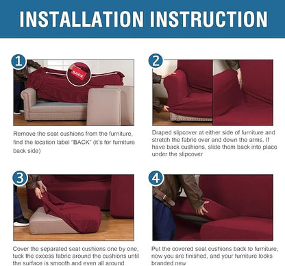 H.VERSAILTEX 4 Piece Stretch Sofa Covers for 3 Cushion Couch Covers for Living Room Furniture Slipcovers (Base Cover Plus 3 Seat Cushion Covers) Thicker Jacquard Fabric (Large Sofa, Burgundy)