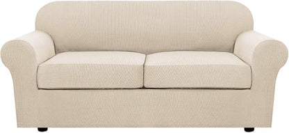 H.VERSAILTEX 3 Piece Stretch Sofa Covers for 2 Cushion Sofa Couch Covers for Living Room Sofa Slipcovers (Base Cover Plus 2 Seat Cushion Covers) Thicker Jacquard Fabric(Large Sofa, Natural)