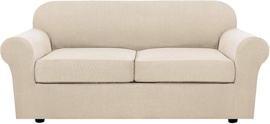 H.VERSAILTEX 3 Piece Stretch Sofa Covers for 2 Cushion Sofa Couch Covers for Living Room Sofa Slipcovers (Base Cover Plus 2 Seat Cushion Covers) Thicker Jacquard Fabric(Large Sofa, Natural)
