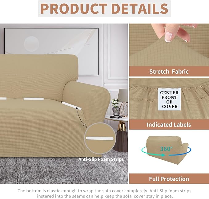 Easy-Going 100% Waterproof Oversized Loveseat Couch Cover, Dual Waterproof Sofa Cover, Stretch Jacquard Sofa Slipcover, Leakproof Furniture Protector for Kids, Pets, Dog and Cat, Sand