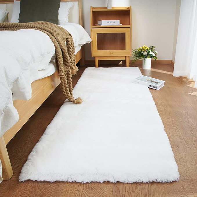 Ghouse Ultra Soft Faux Rabbit Fur Rug, Machine Washable Area Rugs for Bedroom Fluffy Rugs for Living Room, No-Shedding Carpet Sheepskin Runner Rugs White 2x10 Feet