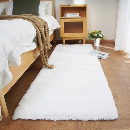 Ghouse Ultra Soft Faux Rabbit Fur Rug, Machine Washable Area Rugs for Bedroom Fluffy Rugs for Living Room, No-Shedding Carpet Sheepskin Runner Rugs White 2x10 Feet