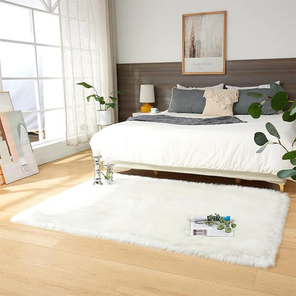 EasyJoy Ultra Soft Fluffy Shaggy Area Rug Faux Fur Rug Chair Cover Seat Pad Fuzzy Area Rug for Bedroom Floor Sofa Living Room (4 x 6 ft Rectangle, White)