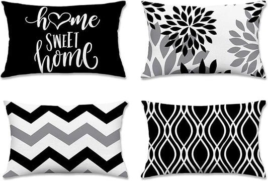 Hexagram Geometric Black Pillow Covers 12x20 Set of 4, Decorative Outdoor Boho Modern Throw Pillow Covers, Home Sweet Home Farmhouse Cushion Case for Couch Sofa Bedroom Indoor Decor(No Insert)