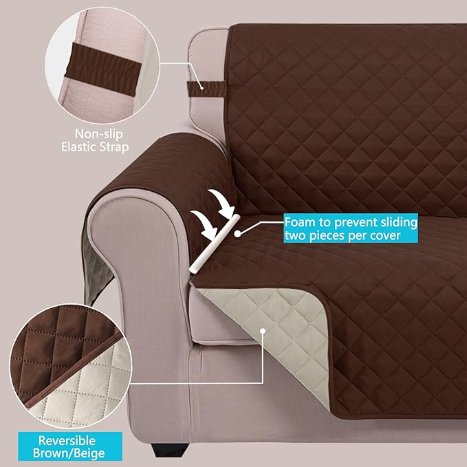 U-NICE HOME Reversible Oversized Chair Covers Quilted Water Repellent Pet Protectors with Elastic Straps(28''Armchair, Brown/Beige)