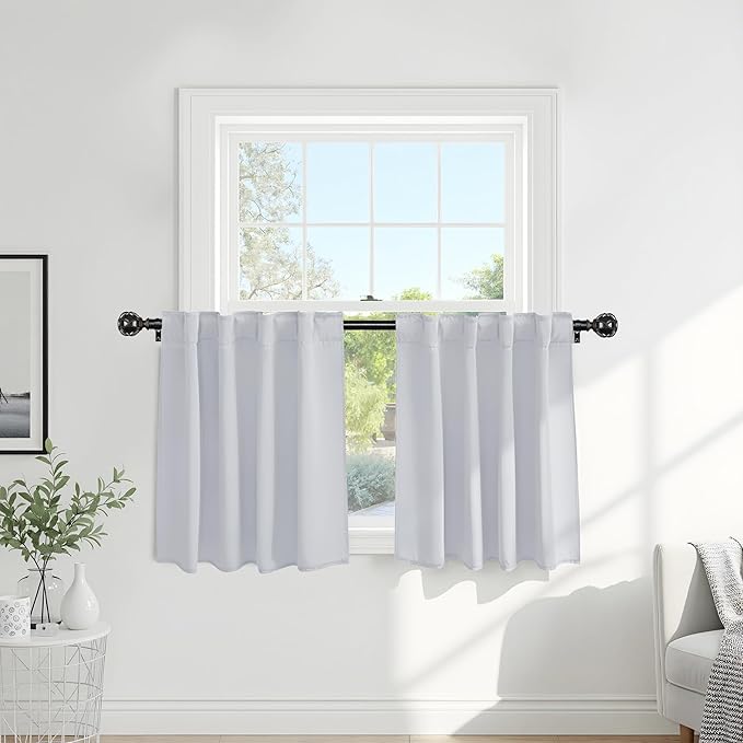 PONY DANCE White Curtains for Small Window Energy Efficiency Room Darkening Curtains for Kids Nursery/Dining Room/Bathroom, W 34 x L 30 inch per Panel, Grayish White, 2 Panels