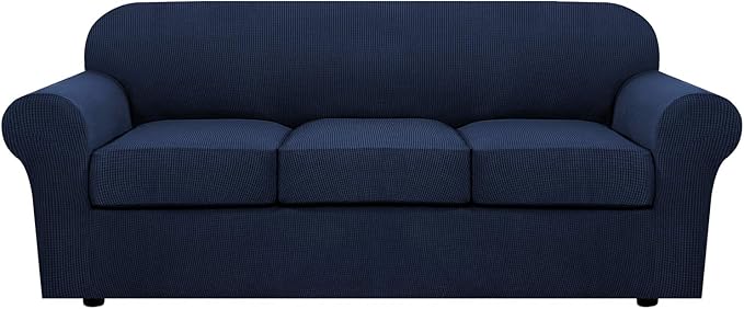 H.VERSAILTEX 4 Piece Stretch Sofa Covers for 3 Cushion Couch Covers for Living Room Furniture Slipcovers (Base Cover Plus 3 Seat Cushion Covers) Upgraded Thicker Jacquard Fabric (Sofa, Navy)