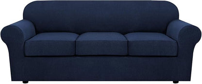 H.VERSAILTEX 4 Piece Stretch Sofa Covers for 3 Cushion Couch Covers for Living Room Furniture Slipcovers (Base Cover Plus 3 Seat Cushion Covers) Upgraded Thicker Jacquard Fabric (Sofa, Navy)
