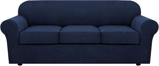 H.VERSAILTEX 4 Piece Stretch Sofa Covers for 3 Cushion Couch Covers for Living Room Furniture Slipcovers (Base Cover Plus 3 Seat Cushion Covers) Upgraded Thicker Jacquard Fabric (Sofa, Navy)
