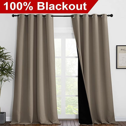 NICETOWN 100% Blackout Blinds, Set of 2, 52 inches x 120 inches, Laundry Room Decor Window Treatment Curtains for Large Patio Sliding Door, Thermal Insulated Taupe Curtains for Bedroom