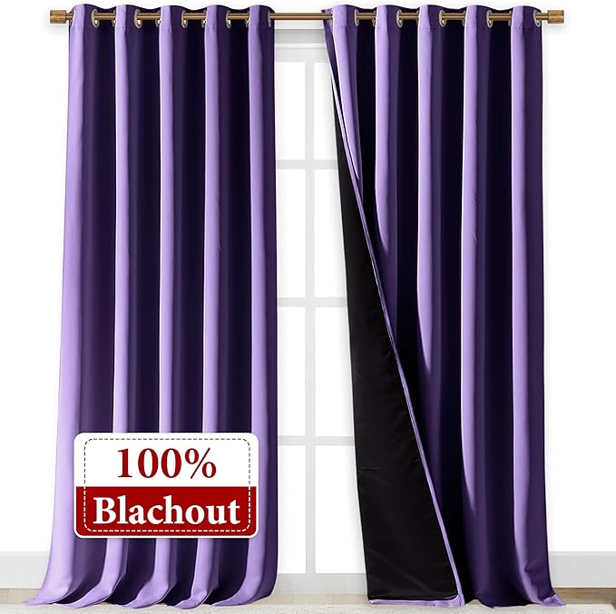 NICETOWN 100% Blackout Blinds, Laundry Room Decor Window Treatment Curtains for Large Patio Sliding Door, Thermal Insulated Lilac Purple Curtains for Bedroom, Set of 2, 70 inches x 108 inches