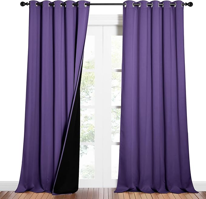 NICETOWN Total Shade Curtains and Draperies, Heavy-Duty Full Light Shading Drapes with Black Liner Backing for Villa/Hall/Dorm Window（Lilac Purple, Package of 2 Panels, 62 inches Wide x 95 inches Long