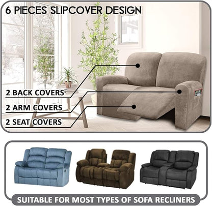 ULTICOR Reclining Love Seat Sofa Cover (6 Piece, Taupe), 48-65'' L, Velvet Stretch, Soft, Washable