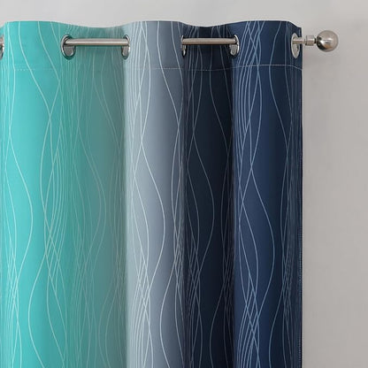 Estelar Textiler Navy Blue and Teal Ombre Blackout Curtains 54 Inch Length 2 Panels, Full Room Darkening Gradient Drapes for Kitchen, Thermal Insulated Grommet Short Curtains for Bedroom,42Wx54L