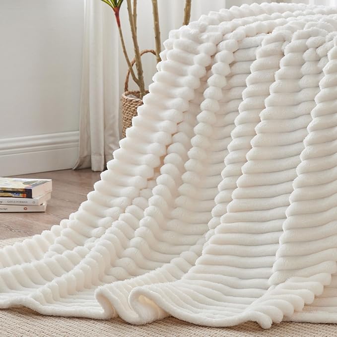 BEDELITE Blankets Queen Size for Bed, 300GSM Soft & Warm Fleece Blanket, Decorative and Giftable Striped Cream White Blankets for Women, Men, 90"x90"