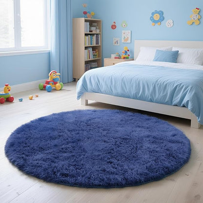 yulidayang Blue Fluffy Round Area Rugs for Bedroom,5'X5'Shag Circle Area Rugs for Living Room,Non Slip Fuzzy Plush Rug for Kids Room Boys Girls Room and Dorm Home Decor Rug