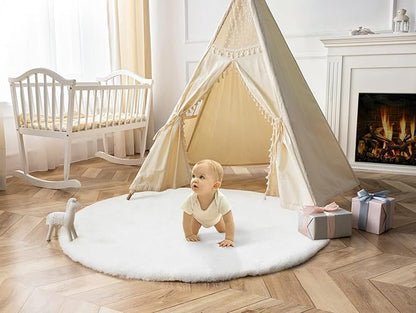 Ashler Faux Fur Rug, Ultra Soft Faux Rabbit Fur, White Area Rugs, 3 x 3 Feet Round, Machine Washable Nursery Decor Throw Rugs for Bedroom, Kids Room, Living Room