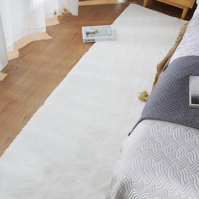 ORINOVA Fuzzy White Machine Washable Runner Faux Rabbit Furry Fur Rugs for Bedroom Plush Runner Rugs for Hallway 2x10 Rectangle Rug Home Décor