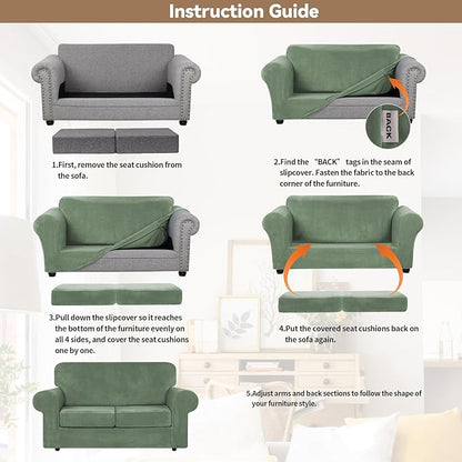 WEERRW Velvet Couch Covers for 2 Cushion Couch Sofa - High Stretch Velvet Plush 3 Pieces Sofa Slipcovers with Elastic Bottom, Furniture Protector for Pets, Machine Washable, Greyish Green, Medium