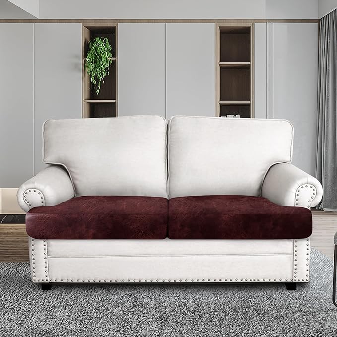 Leather Look Couch Cushion Covers Sofa Seat Slipcovers Sets Couches Furniture Protector for Sectional Armchair Loveseat Pets Kids Stretch Spandex Fabric (2 T-Cushion Loveseat, Burgundy)