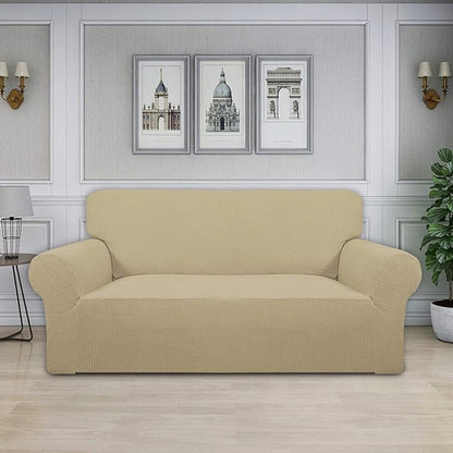 Easy-Going Stretch Oversized Loveseat Slipcover 1-Piece Sofa Cover Furniture Protector Couch Soft with Elastic Bottom for Kids Polyester Spandex Jacquard Fabric Small Checks Beige