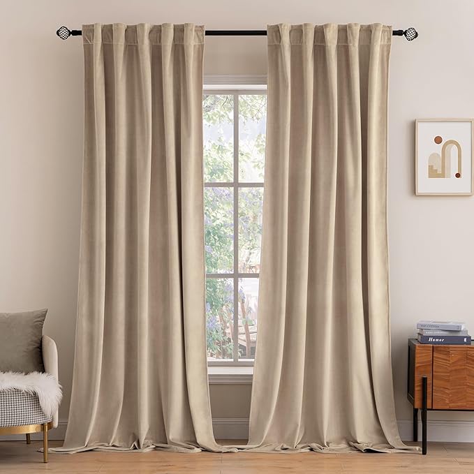 MIULEE Velvet Curtains 63 inch Length 2 Panels - Luxury Blackout Curtains for Bedroom Living Room Thermal Insulated Super Soft Window Drapes Rod Pocket & Back Tab, Camel Beige, W52 x L63 inches