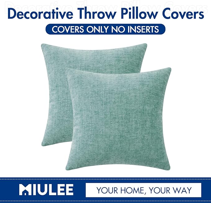 MIULEE Pack of 2 Couch Throw Pillow Covers 16x16 Inch Soft Aqua Green Chenille Pillow Covers for Sofa Living Room Spring Home Decor Couch Solid Dyed Cases