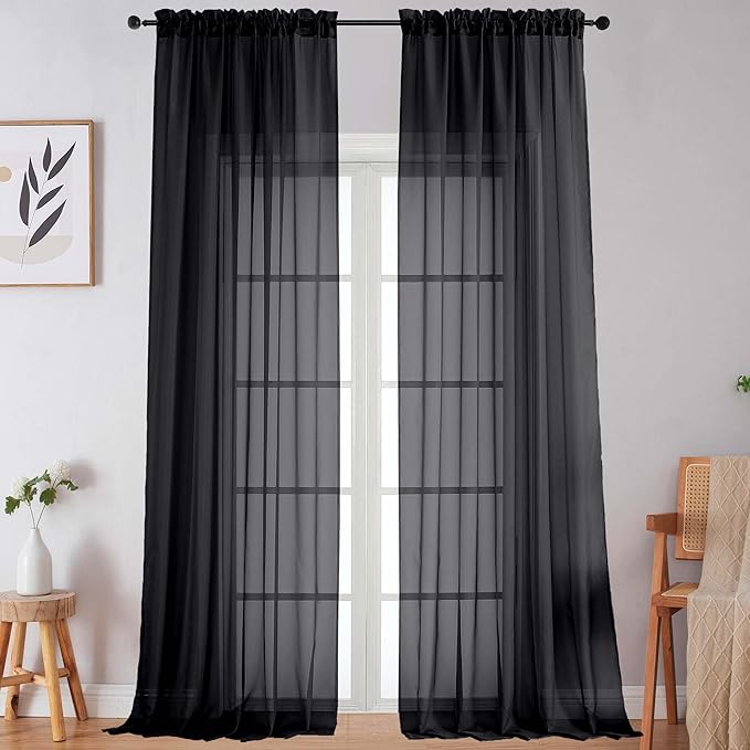 Extra Long Black Sheer Curtains for Bedroom Living Room 120 Inches Long 2 Panels Set, Solid Soft Light Filtering Rod Pocket Sheer Window Curtains, Black, Each 59" Wx120 L Inch