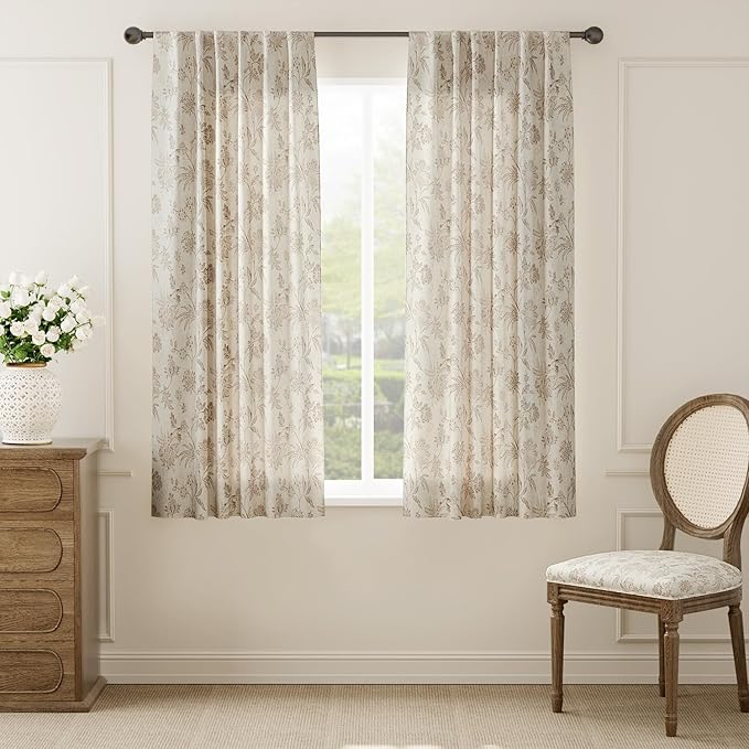 jinchan Linen Floral Curtains for Living Room with Printed Flower 63 Inches Long Light Filtering French Country Back Tab Rod Pocket Taupe Window Curtain Set Farmhouse Drapes 2 Panels Taupe