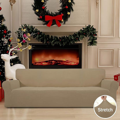 Easy-Going Stretch 4 Seater Sofa Slipcover 1-Piece Sofa Cover Furniture Protector Couch Soft with Elastic Bottom for Kids, Polyester Spandex Jacquard Fabric Small Checks Tan