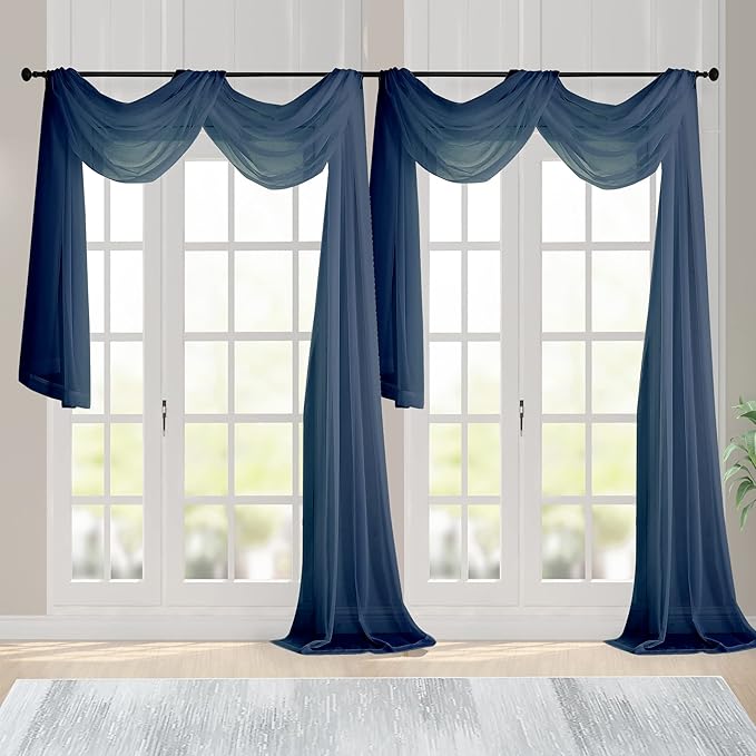 Chyhomenyc Navy Blue Sheer Scarf Valances for Windows 216 Inch Extra Long, Window Scarf Drapes Rod Pocket Backdrop for Wedding Arch Draping/Party/Canopy Bed/Living Room, 2PC, 18 Feet Length