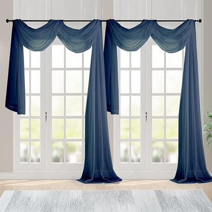Chyhomenyc Navy Blue Sheer Scarf Valances for Windows 216 Inch Extra Long, Window Scarf Drapes Rod Pocket Backdrop for Wedding Arch Draping/Party/Canopy Bed/Living Room, 2PC, 18 Feet Length
