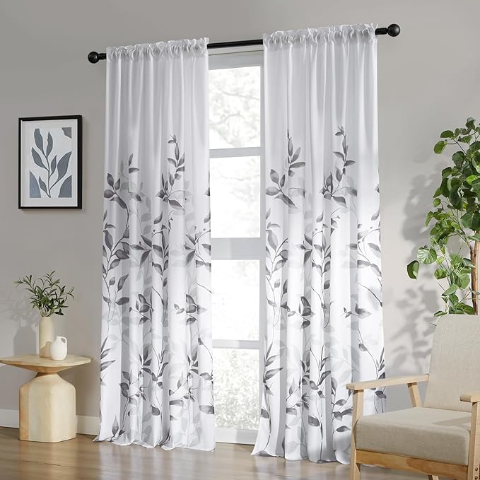 HOMEIDEAS Non-See-Through Light Grey and White Privacy Sheer Curtains 52 X 96 Inches Long 2 Panels, Leaf Floral Printed Light Filtering Semi Sheer Window Curtains Drapes for Bedroom Living Room
