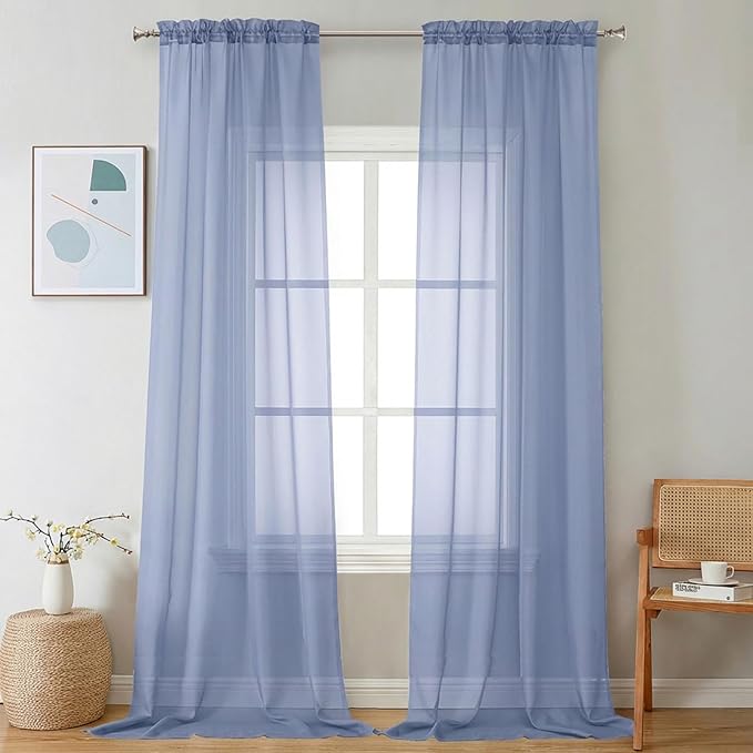 Chyhomenyc Sheer Curtains 108 Inch Length 2 Panels Set - Extra Long Light Filtering Solid Voile Window Drapes for Living Room Bedroom, 42Wx108L, 9FT Length, Denim Blue