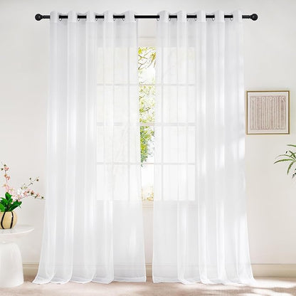 NICETOWN Sheer White Sliding Door Curtains for Bedroom, Grommet Elegant Soft Voile Sheer Textured Airy & Breathable Window Treatments for Patio Door/French Door, W66 x L96, 2 Panels