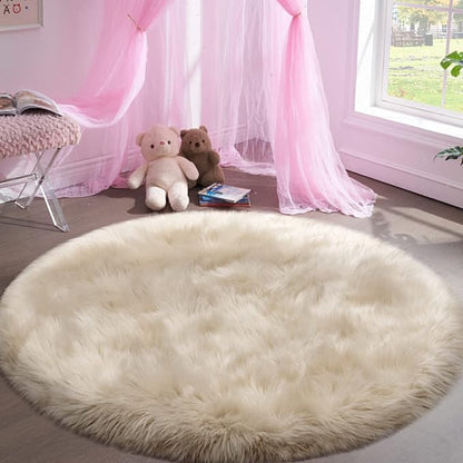 Tangsoo Round Faux Fur Rugs, Sheepskin Round Rugs 3ft, Soft Small Circle Rug, 3x3 Beige Fuzzy Plush Fur Rug, Shag Circular Rugs Floor Carpet for Bedroom, Kids Room, Nursery, Girls Room, Dorm