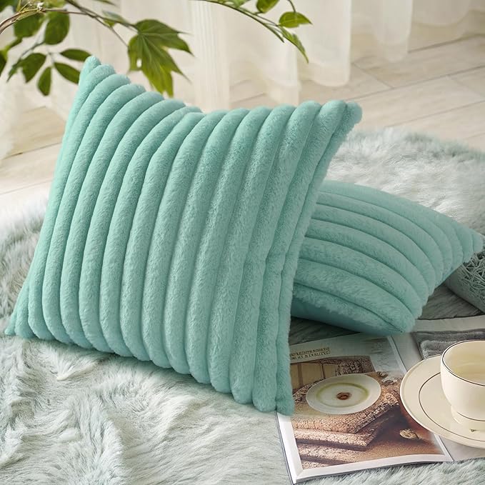 decorUhome Summer Cozy Faux Fur Throw Pillow Covers 22x22 Set of 2 Decorative Soft Plush Striped Modern Farmhouse Boho Couch Euro Sham Pillow Cases with Velvet Back for Sofa Bed Living Room, Aqua