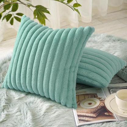 decorUhome Summer Cozy Faux Fur Throw Pillow Covers 20x20 Set of 2 Decorative Soft Plush Striped Modern Farmhouse Boho Couch Pillow Cases with Velvet Back for Sofa Bed Living Room, Aqua
