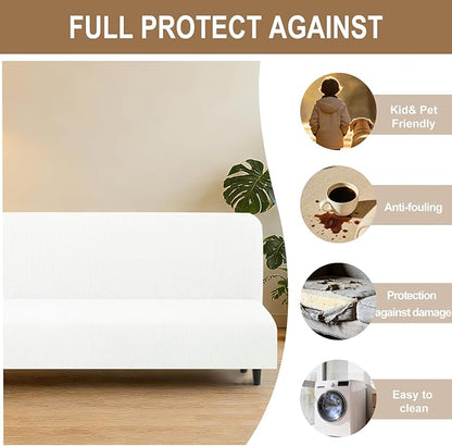 U-NICE HOME Stretch Futon Cover Armless Bed Slipcover - Soft Jacquard Fabric Washable for Pet Friendly, Ivory White